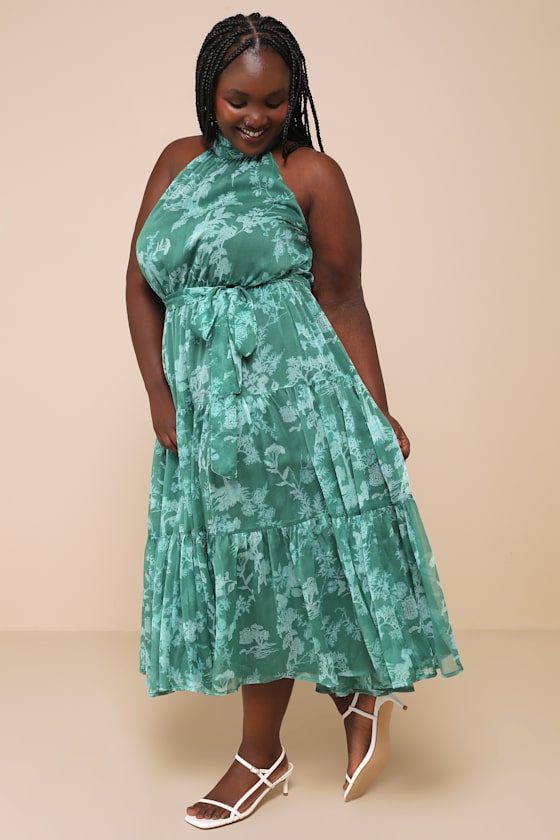 Float to You Green Floral Print Halter Tiered Midi Dress