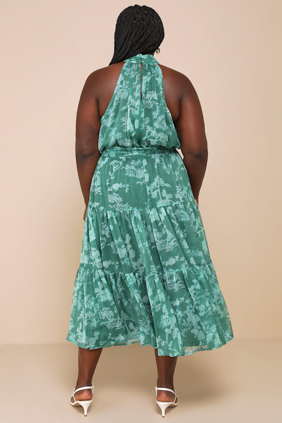 Float to You Green Floral Print Halter Tiered Midi Dress
