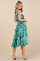 Float to You Green Floral Print Halter Tiered Midi Dress