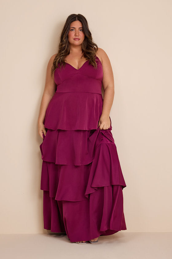 Going with Elegance Plum Purple Satin Tiered Gown
