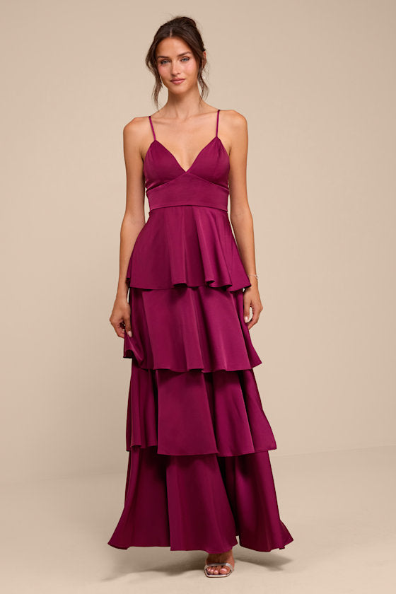 Going with Elegance Plum Purple Satin Tiered Gown