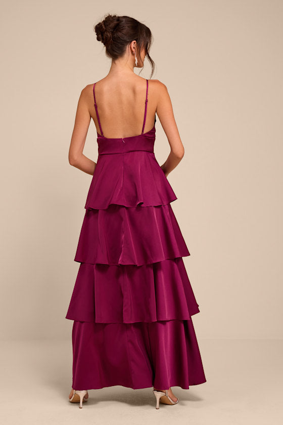 Going with Elegance Plum Purple Satin Tiered Gown