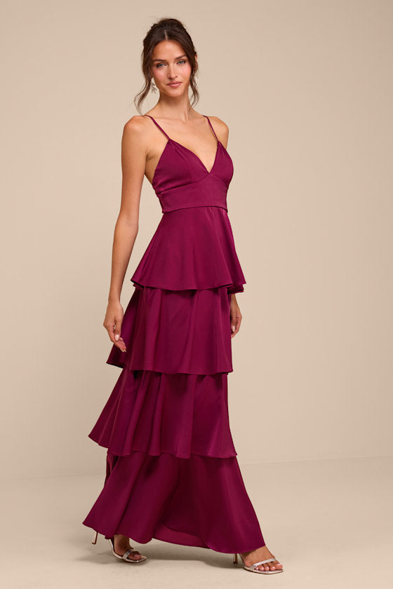 Going with Elegance Plum Purple Satin Tiered Gown