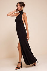 Keep It Interesting Black Asymmetrical Cutout Halter Maxi Dress