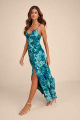 Beautiful Soul Teal Green Floral Print Twist-Front Maxi Dress