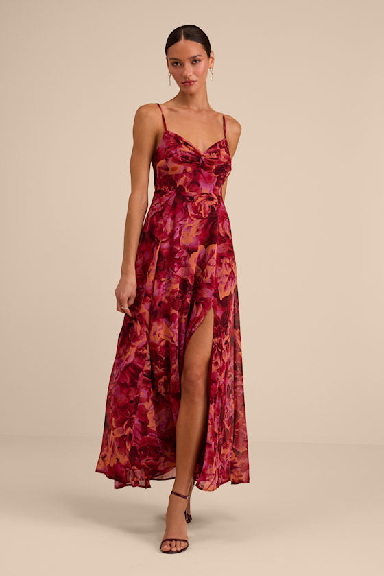Beautiful Soul Burgundy Floral Print Twist-Front Maxi Dress