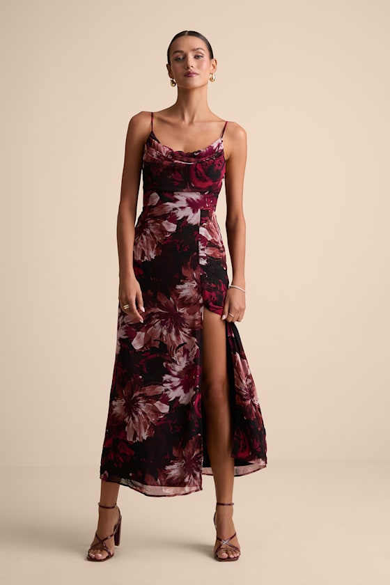 Flowery Passion Burgundy Floral Print Cowl Neck Midi Dress