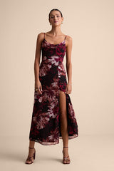 Flowery Passion Burgundy Floral Print Cowl Neck Midi Dress