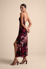 Flowery Passion Burgundy Floral Print Cowl Neck Midi Dress