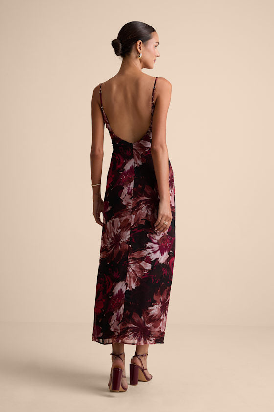 Flowery Passion Burgundy Floral Print Cowl Neck Midi Dress