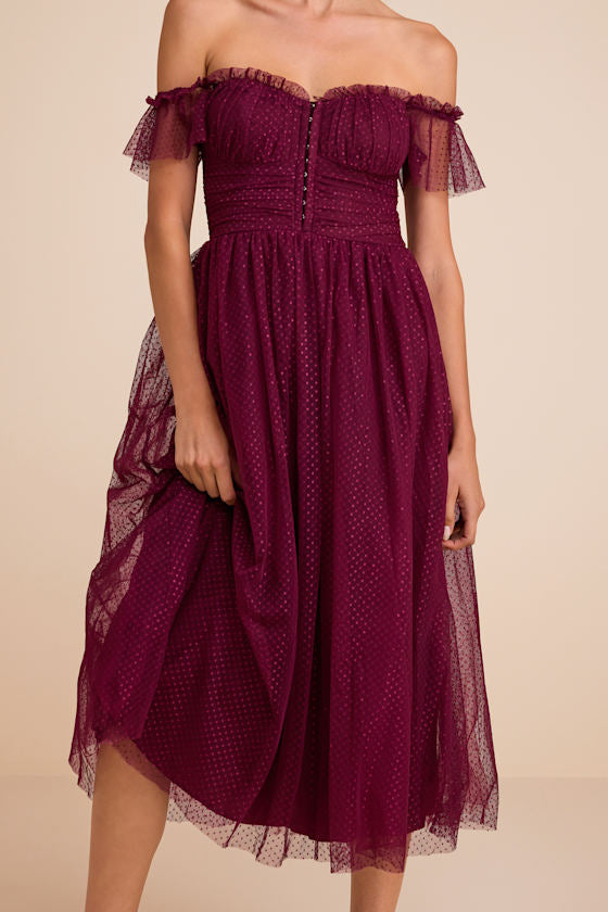Regal Radiance Burgundy Tulle Bustier Midi Dress
