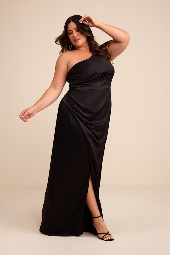 Dreaming of Elegance Black Satin One-Shoulder Maxi Dress