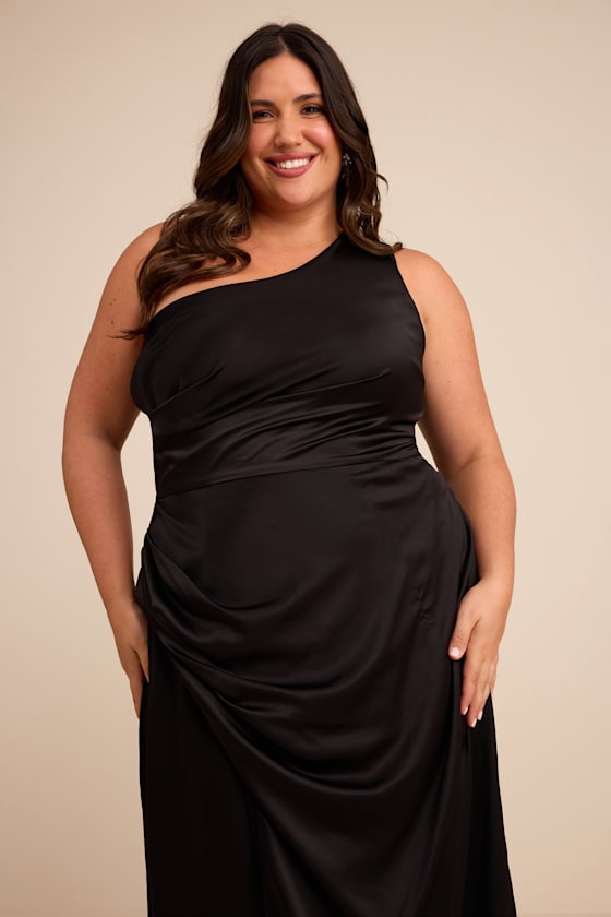 Dreaming of Elegance Black Satin One-Shoulder Maxi Dress