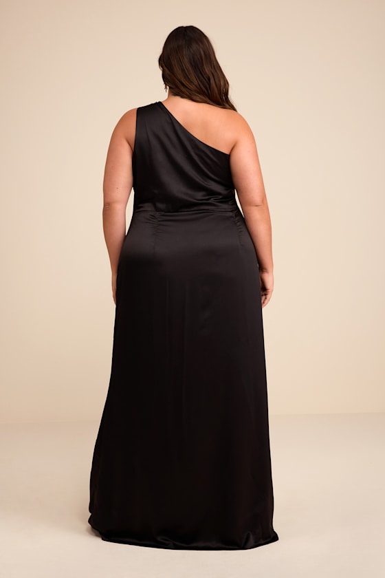 Dreaming of Elegance Black Satin One-Shoulder Maxi Dress