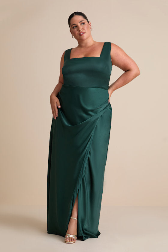 Red Carpet Romance Emerald Green Satin Square Neck Maxi Dress