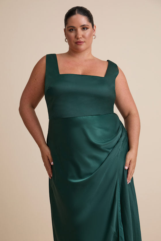 Red Carpet Romance Emerald Green Satin Square Neck Maxi Dress