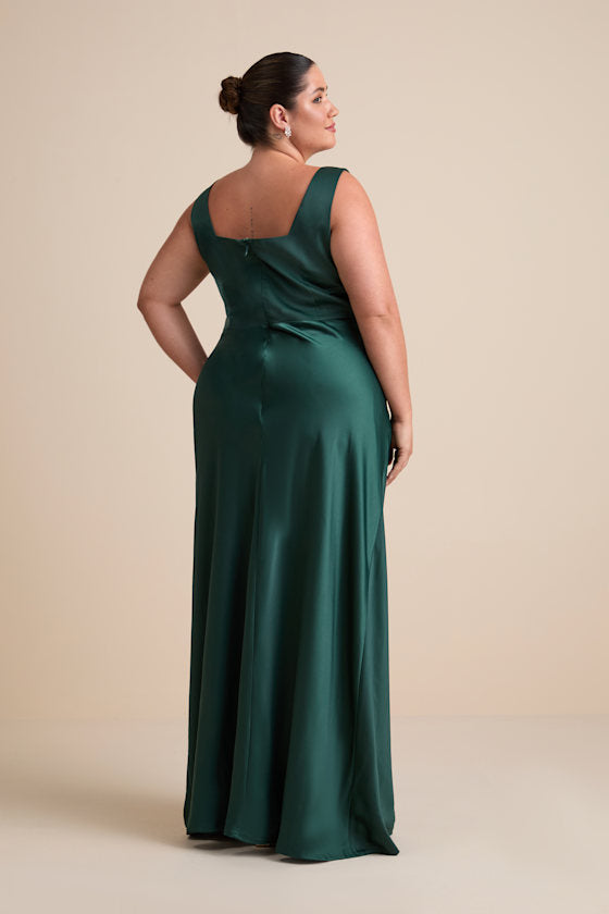 Red Carpet Romance Emerald Green Satin Square Neck Maxi Dress