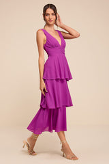 Celebration Time Purple Sleeveless Tiered Midi Dress