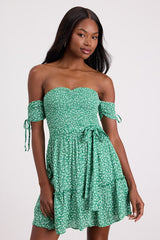 Sweetest Feelings Green Floral Off-the-Shoulder Mini Dress