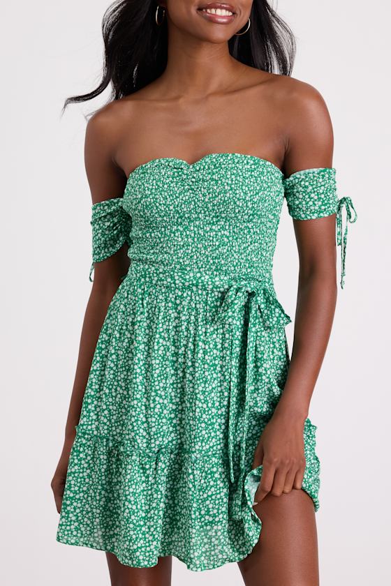 Sweetest Feelings Green Floral Off-the-Shoulder Mini Dress