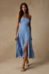 Charming Dedication Blue Floral Sleeveless Lace-Up Midi Dress