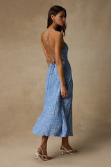 Charming Dedication Blue Floral Sleeveless Lace-Up Midi Dress