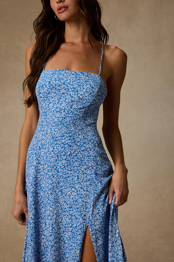 Charming Dedication Blue Floral Sleeveless Lace-Up Midi Dress