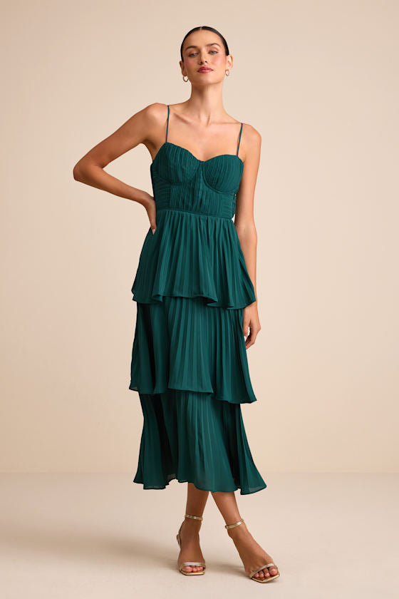 Cascading Crush Emerald Tiered Bustier Midi Dress