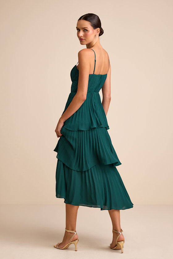 Cascading Crush Emerald Tiered Bustier Midi Dress
