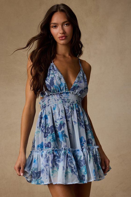 Signature Sweetie Light Blue Floral Smocked Tie-Back Mini Dress