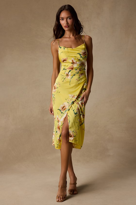 Sunny Blossom Yellow Floral Print Satin Cowl Neck Midi Dress