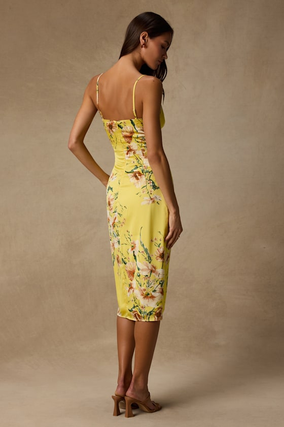 Sunny Blossom Yellow Floral Print Satin Cowl Neck Midi Dress