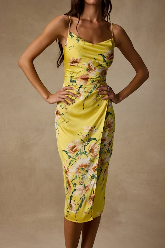 Sunny Blossom Yellow Floral Print Satin Cowl Neck Midi Dress
