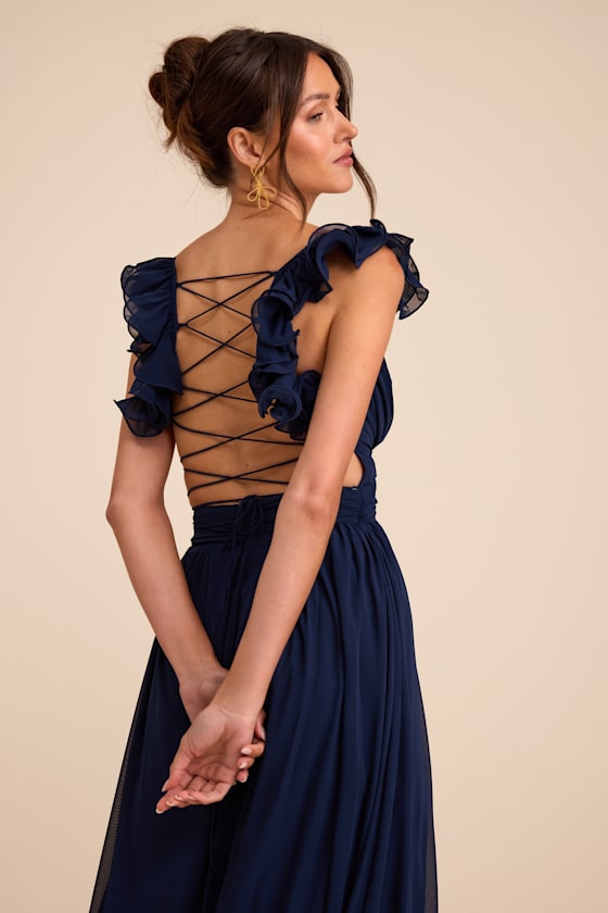 Soiree Celebration Navy Blue Ruffled Lace-Up Maxi Dress