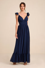 Soiree Celebration Navy Blue Ruffled Lace-Up Maxi Dress