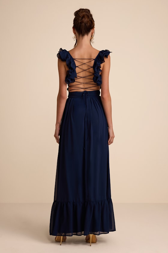 Soiree Celebration Navy Blue Ruffled Lace-Up Maxi Dress