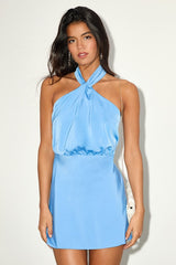 Sleek Essence Blue Satin Halter Sleeveless Mini Dress