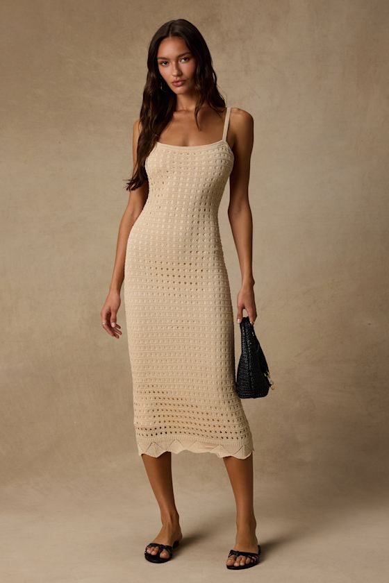 Ventura Vision Beige Crochet Lace-Up Midi Dress
