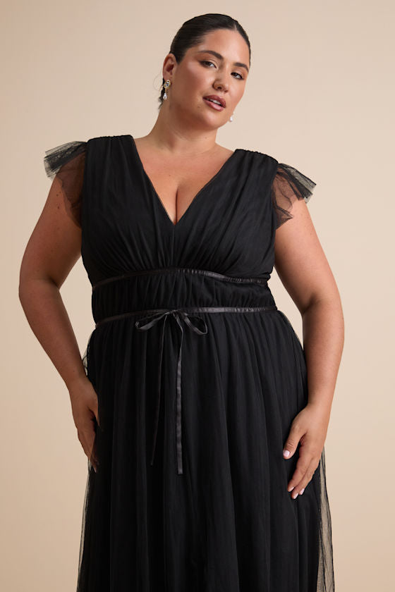 I'm All Yours Black Tulle Ruffled Maxi Dress