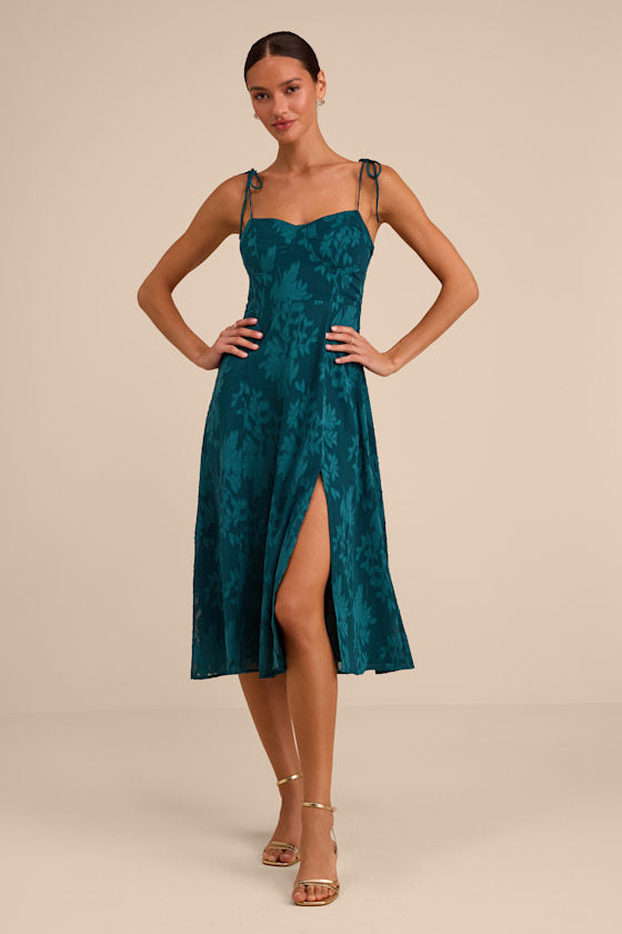 Loveliest Looks Emerald Green Jacquard Tie-Strap Midi Dress