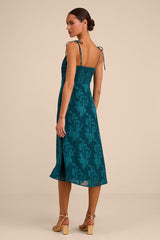 Loveliest Looks Emerald Green Jacquard Tie-Strap Midi Dress