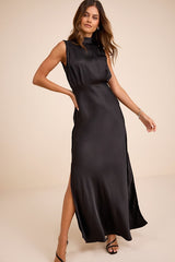 Classic Elegance Black Satin Sleeveless Mock Neck Maxi Dress
