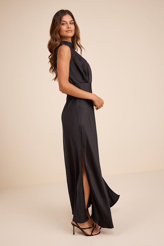 Classic Elegance Black Satin Sleeveless Mock Neck Maxi Dress