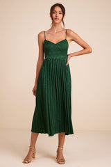 Regal Romance Emerald Floral Jacquard Pleated Satin Midi Dress