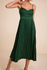 Regal Romance Emerald Floral Jacquard Pleated Satin Midi Dress