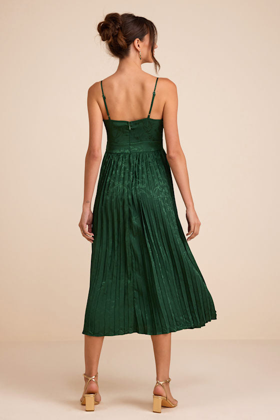 Regal Romance Emerald Floral Jacquard Pleated Satin Midi Dress