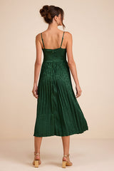 Regal Romance Emerald Floral Jacquard Pleated Satin Midi Dress