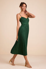 Regal Romance Emerald Floral Jacquard Pleated Satin Midi Dress