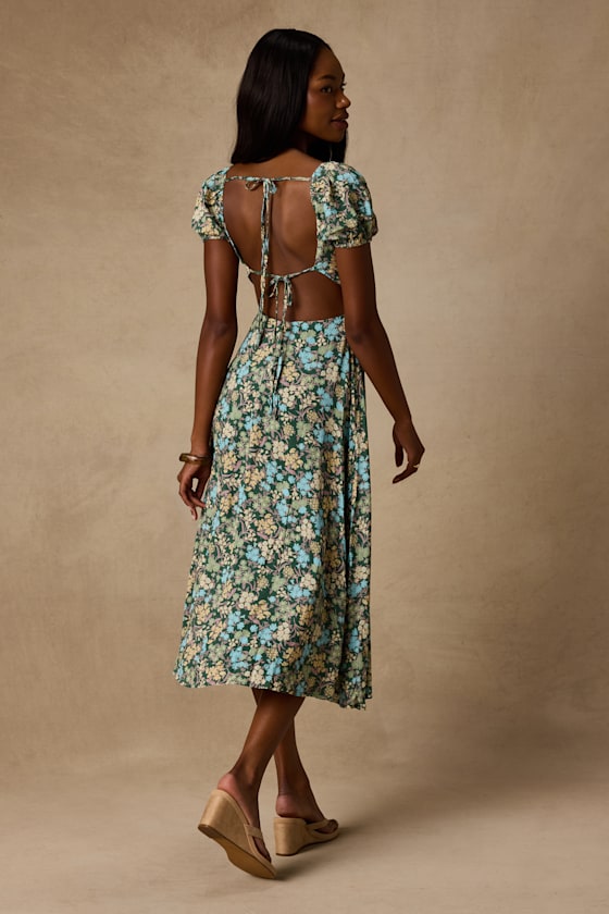 Meadow Muse Green Floral Tie-Back Puff Sleeve Midi Dress