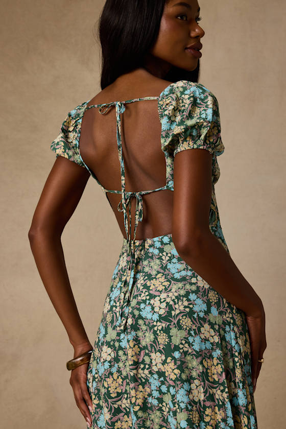 Meadow Muse Green Floral Tie-Back Puff Sleeve Midi Dress